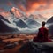 Buddhist monk meditates against the backdrop of snow-capped mountains