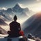 Buddhist monk meditates against the backdrop of snow-capped mountains