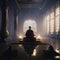 Buddhist monk meditating in the middle of a foggy mosque. 3D Rendering AI generated