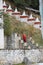 Buddhist Monk Passes Row of Stupas, Bhutan