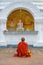 Buddhist monk prays at the Buddha sculpture, Sri Lanka