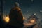 Buddhist monk sits on temple roof and looks at city and sky at night, generative AI