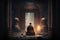 Buddhist monk sitting inside old dark temple and meditating, generative AI