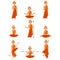 Buddhist monks cartoon characters in different poses set, monk in orange robe, praying, meditating, practicing yoga