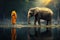 Buddhist Monks and Elephants in the forest. Generative Ai