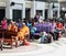 Buddhist monks inside Bangkok Railway Station. This is the main railway station in Bangkok