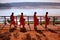 Buddhist monks walk with a bowl