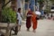 Buddhist novices walking for morning alms