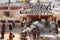 Buddhist pilgrims near stupa Boudhanath during festive solemn Puja