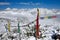 Buddhist Prayer flags against snowy peaks