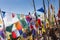 Buddhist prayer flags on a mountaintop in the Himalayas