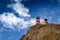 Buddhist religious flags, clouds in background, Ladakh, Jammu and Kashmir, India