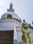 Buddhist shanti stupa covered with cloud at morning from different angle