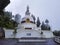 Buddhist shanti stupa covered with cloud at morning from different angle