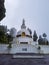 Buddhist shanti stupa covered with cloud at morning from different angle