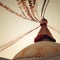 Buddhist shrine Boudhanath Stupa - vintage filter. Stupa with Buddha wisdom eyes.