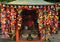 Buddhist sitting in decorated hut in Gion district Japan.