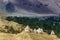 Buddhist Stupa, mound-like or hemispherical structure containing relics , used as a place of meditation. Green trees and Himalayan