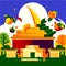 Buddhist temple in the evening. Vector illustration in flat style AI Generated