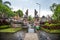 Buddhist temple in the rain. The Brahmavihara Arama Temple with beautiful gardens and monastery. Tropical plants, Banjar, Bali