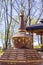 Buddhist Tibetan garden with a stupa in Ukraine, Kiev. Red granite stupa symbolizing peace and enlightenment