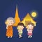 Buddhist walking with lighted candle in hand around temple novice boy girl