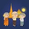 Buddhist walking with lighted candle in hand around temple old monk man woman