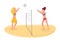 Buddies playing beach volleyball vector illustration. Spending free time on vacation actively, healthy life isolated