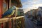 a budgerigar parrot perched on a balcony railing overlooking a busy street