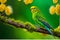 Budgerigar Perched: Intricate Feather Textures Amid Vibrant Green and Yellow Plumage, Blurred Harmony