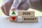 Budget 2025 text on wooden blocks with indication budget up and down. Budgeting concept