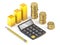 Budget concept finance graph, calculator, golden coins and pencil 3D