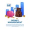 Budgeting money management financial concept with illustration of pink piggy bank, money bag, gold coin, and chart
