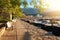 Budva marina seafront with fisher boats and motorboats at sunny summer morning