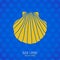 Buen Camino! Yellow shell on the blue background.