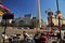 Buenos Aires Argentina Corrientes Avenue and subway entrance obelisco with people drinking coffee in a city bar