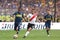 Buenos Aires, Argentina - November 11, 2018: Sebastian Villa boca tries to pass Rafael borre River in the match Boca - River