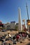 Buenos Aires Corrientes Avenue and subway entrance obelisco with people drinking coffee in a city bar