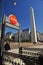 Buenos Aires Corrientes Avenue and subway entrance obelisco with people drinking coffee in a city bar