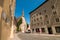 Buergerspitalgasse street with St. Blaise`s church Kirche St. Blasius and Sound of Music museum in the old town of Salzburg