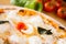 Bufala Mozzarella Pizza. Neapolitan pizza made with tomato sauce, mozzarella cheese and some vegetables. Italian recipe.