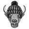 Buffalo, bison,ox, bull Cool animal wearing knitted winter hat. Warm headdress beanie Christmas cap for tattoo, t-shirt