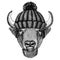 Buffalo, bison,ox, bull Cool animal wearing knitted winter hat. Warm headdress beanie Christmas cap for tattoo, t-shirt