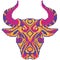 Buffalo. Bright silhouette of the head of a bull art on a white isolated background. Sticker and embroidery design. Pixel art
