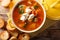 Buffalo soup with chicken, vegetables and blue cheese closeup in