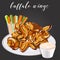 Buffalo wings, celery with carrot and blue cheese in a bowl.