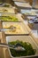 Buffet counter of cooked and fresh vegetables