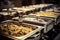 Buffet heated trays in line. Catering banquet in hotel. Breakfast and lunch buffet food. AI generated image