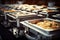 Buffet heated trays in line. Catering banquet in hotel. Breakfast and lunch buffet food. AI generated image