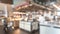 Buffet at hotel restaurant interior blur background with blurry open kitchen counter bar of food catering service business